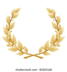 Detailed vector illustration of a gold laurel wreath award. Represents a victory, achievement, honor, quality product, or success. Ornate leaf sections. Isolated on a white background.