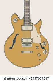 Detailed vector illustration of gold top semi hollow body electric guitar