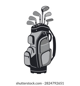 A detailed vector illustration of a golf bag filled with clubs, isolated on a white background. Ideal for sports and recreation designs.