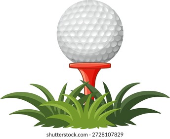Eine detaillierte Vektorgrafik eines Golfballs auf einem roten Tee inmitten grünem Gras