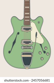 Detailed vector illustration of green coronado hollow body electric guitar