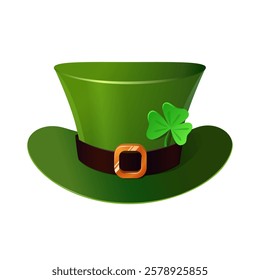 A detailed vector illustration of a green leprechaun hat featuring a gold buckle and a lucky shamrock. This iconic symbol of St. Patrick s Day represents Irish folklore, good luck, and festive