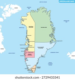 Ilustración vectorial detallada del mapa de Groenlandia Mapa del estado y del distrito con el mapa geográfico vecino de Groenlandia