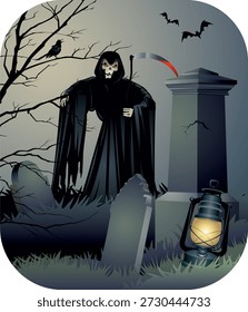 Uma ilustração vetorial detalhada do Ceifador em pé em um cemitério escuro e assustador. A figura encapuzada em um manto preto segura uma foice, cercada por lápides, uma árvore nua, morcegos voadores e um corvo empoleirado. Uma lanterna brilhante em primeiro plano adiciona contraste dramático, criando uma atmosfera estranha ideal para projetos de Halloween, horror e temáticos góticos.