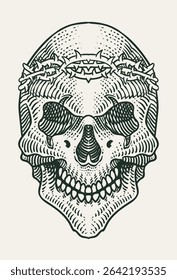 A detailed vector illustration of a grinning skull wearing a crown of thorns, rendered in a classic black and white engraved style.