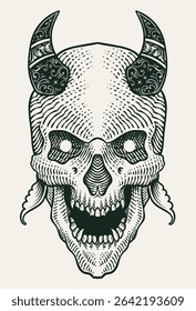 A detailed vector illustration of a grinning skull with ornate, swirling horns, rendered in a striking black and white woodcut style.