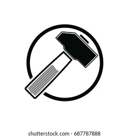 Detailed vector illustration of hammer, work tool. Industry utensil symbol, mallet placed in a circle, for use in advertising and web design.