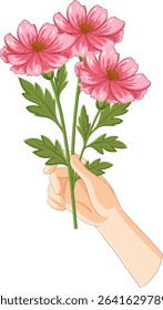 A detailed vector illustration of a hand holding vibrant pink flowers with lush green leaves, showcasing intricate design elements