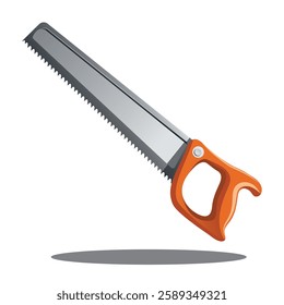 A detailed vector illustration of a hand saw with an ergonomic orange handle. Ideal for woodworking, carpentry, DIY projects, and construction work. Perfect for hardware designs and industrial illustr