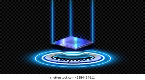 Detailed Vector Illustration of a Holographic Platform Illuminated by Blue Light Beams, Perfect for Sci-Fi and Technology Themes