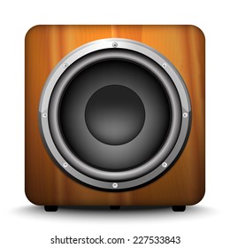 Detailed vector illustration of home subwoofer with walnut wood texture and powerful subwoofer speaker isolated