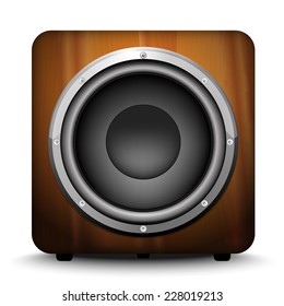 Detailed vector illustration of home subwoofer with dark chestnut wood texture and powerful subwoofer speaker isolated