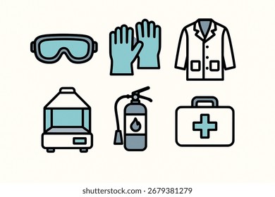 Un conjunto detallado de íconos de Ilustración vectorial de equipos de seguridad de laboratorio y herramientas científicas, que incluyen gafas, guantes de nitrilo, batas de laboratorio, capucha de humos, extintores, kit de primeros auxilios, estación de lavado de ojos