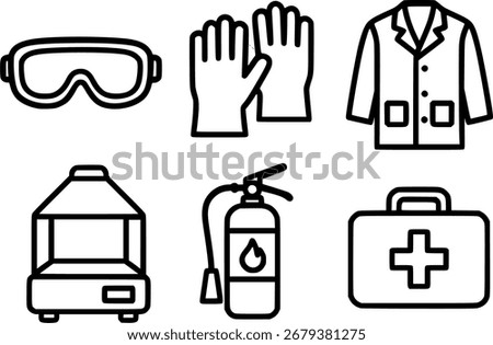 A detailed vector illustration icon set of laboratory safety equipment and scientific tools, including goggles, nitrile gloves, lab coats, fume hood, fire extinguishers, first aid kit, eyewash station