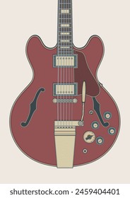 Detailed vector illustration of iconic blues rock hollow body electric guitar