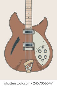 Detailed vector illustration of iconic walnut semi hollow body electric guitar