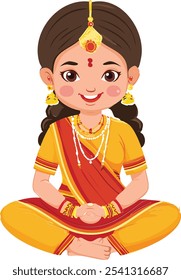 A detailed vector illustration of an Indian girl sitting, offering a side or three-quarter view for a more dynamic perspective. She is dressed in traditional Indian attire, such as a vibrant saree