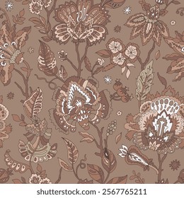 Detailed vector illustration of intricate botanical and floral elements in a Mocha Mousse color palette. Seamlessly repeatable for fabrics, wallpapers, and creative projects.