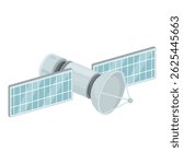 Detailed vector illustration of an isometric satellite with solar panels in outer space. Showcasing modern technology and communication design. Perfect for science. Aerospace. And engineering concepts
