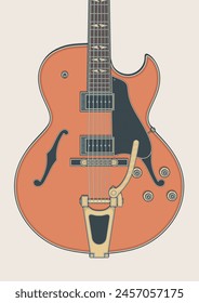 Detailed vector illustration of jazz hollow body electric guitar in vintage natural color