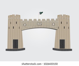 Detailed vector illustration of Khyber Pass Peshawar Pakistan with a Pakistani flag on top , Text written in Urdu font is “Bab-e-Khyber” means “The door of Khyber”