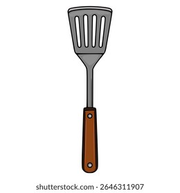 Ilustração vetorial detalhada de uma espátula de cozinha com uma pega de madeira marrom e uma cabeça metálica com cinco fendas uniformemente espaçadas.