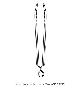 A detailed vector illustration of a kitchen utensil, specifically a pair of tongs with serrated gripping edges and a hanging loop, presented in a minimalist black line art style against a white bac...