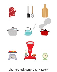 Detailed vector illustration. Kitchen utensils isolated on white: gloves, spatula, eggbeater, cutting board, pots, kettle, vintage scales, clock. Cartoon, flat art style. Vector EPS10.
