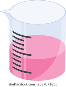 Detaillierte Vektorgrafik eines Laborbechers, der rosafarbene Flüssigkeit mit Messmarkierungen enthält. Ideal für den Einsatz in wissenschaftlichen Unterrichtsmaterialien, Chemievorträgen und Laborhandbüchern.