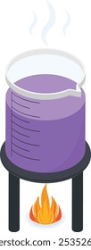 A detailed vector illustration of a laboratory setup featuring a beaker filled with a purple liquid, placed on a burner with flames underneath.