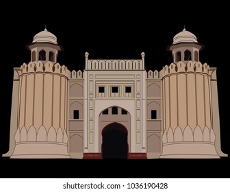 Detailed Vector / Illustration of Lahore Fort , Lahore , Punjab ,Pakistan in black background.