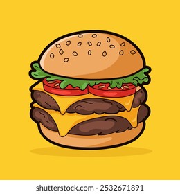 Detailed vector illustration of a large, appetizing burger with layers of fresh vegetables, juicy meat, and a soft bun.