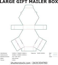 Detailed vector illustration of a large gift mailer box die-cut template with measurements perfect for packaging and product design.