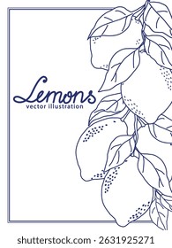 Detailed vector illustration of lemons on a branch with leaves and flowers done in blue outline style. Perfect for design projects that require citrus-themed elements.