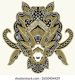 A detailed vector illustration of a lion head inspired by traditional batik art. This ethnic ornamental design features intricate golden patterns and symmetrical dots in a bold, elegant composition. P