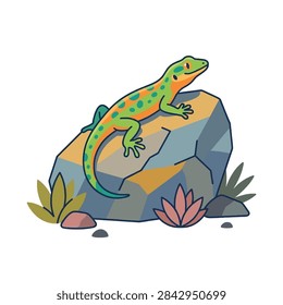 A detailed vector illustration of a lizard resting on a stone.