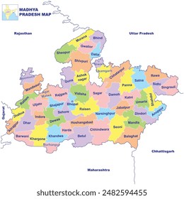 Ilustración vectorial detallada de Madhya Pradesh mapa Mapa del distrito con el vecino