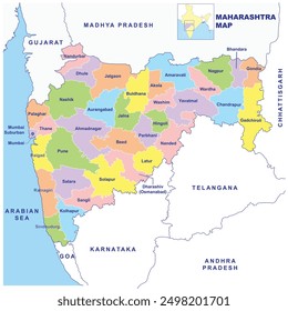 Detailed vector Illustration of Maharashtra map State and District map with neighbour geographical map of Maharashtra map