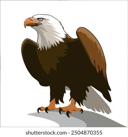 A detailed vector illustration of a majestic bald eagle with its wings partially spread. The eagle is perched on a rock with a determined gaze.