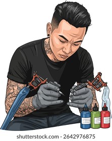 A detailed vector illustration of a male tattoo artist with a fade haircut and visible neck and arm tattoos, wearing a black t-shirt and gloves, intensely focused