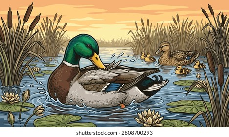A detailed vector illustration of a mallard duck family in a peaceful wetland during sunset. In the foreground, a colorful male drake splashes and preens its feathers in the water, surrounded by lily pads and blooming white water lilies. In the background, a female hen swims with her small ducklings among tall cattails and reeds under a warm orange sky. Perfect for nature, wildlife, and outdoor-themed designs.