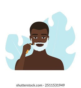 Detailed vector illustration of a man shaving with foam and razor.