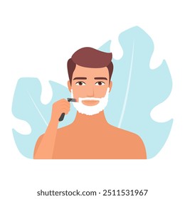 Detailed vector illustration of a man shaving with foam and razor.