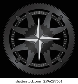 A detailed vector illustration of a mechanical compass, featuring a gear or cogwheel design with a central four-pointed star indicating the cardinal directions with metallic texture