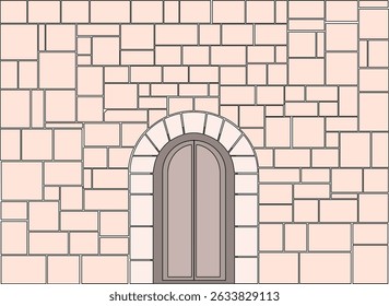 A detailed vector illustration of a medieval-style arched doorway or gate, framed with stone blocks. The design features soft pastel tones and a classic architectural style reminiscent of castles, for