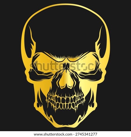 A detailed vector illustration of a menacing skull with horns, featuring a bold and edgy graphic design in shades of yellow and gold on a black background.