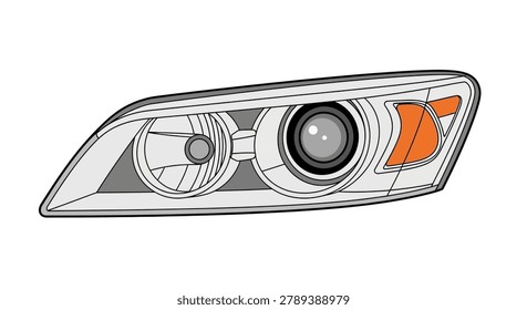Detailed vector illustration of a modern car headlight, showcasing its complex design and lighting components. Automotive technology.