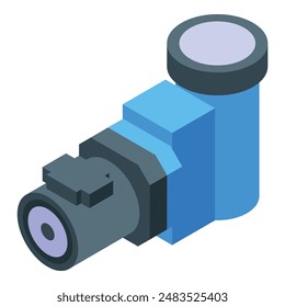 Detailed vector illustration of a modern isometric digital camera with blue body and zoom lens, showcasing the latest technology and professional photography equipment