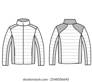"Detailed vector illustration of a modern jacket flat sketch, showcasing front and back views with precise stitching and design elements. Perfect for fashion design presentations, tech packs