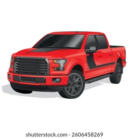 Detailed vector illustration of a modern red pickup truck with black accents. Perfect for automotive ads, car-related projects, and transport-themed designs.